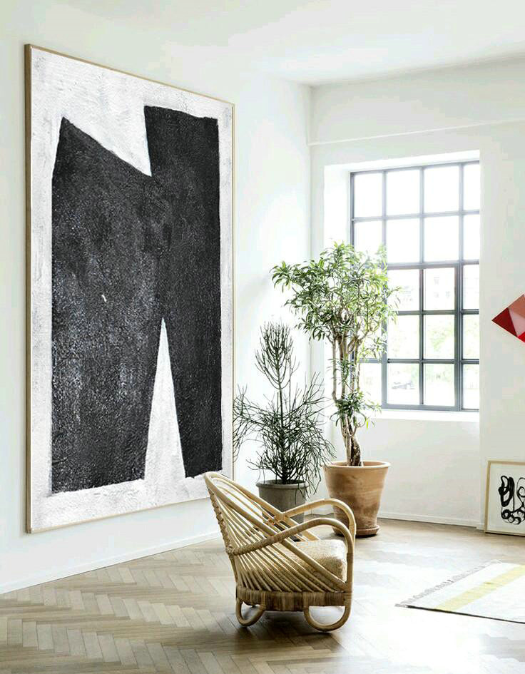 Handmade Extra Large Contemporary Painting,Black And White Minimal Painting On Canvas - Modern Living Room Decor